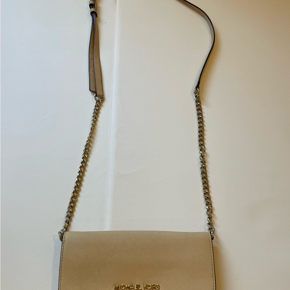 Michael Cream Crossbody Bag with Gold Hardware